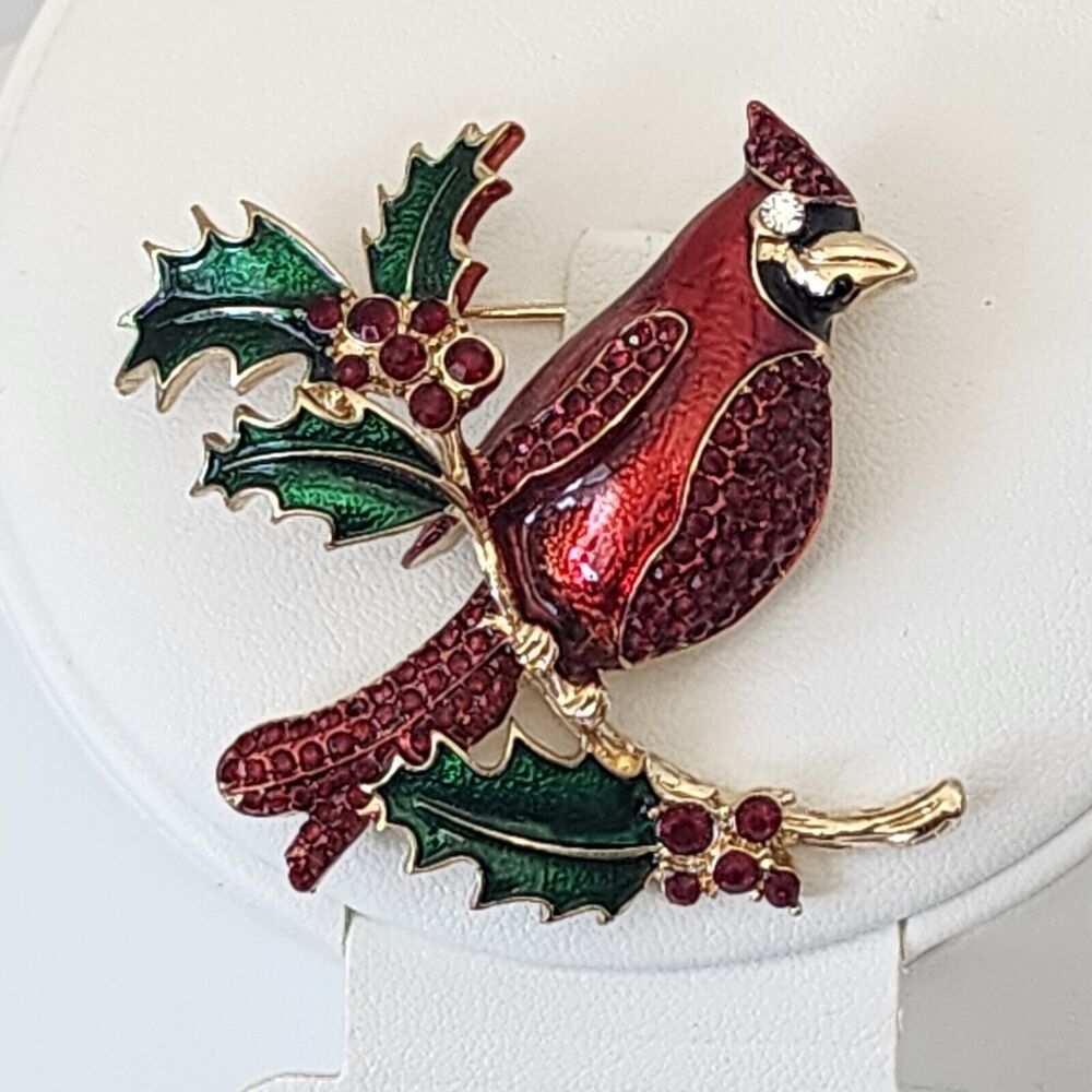 Napier Red Cardinal Brooch Pin Christmas Rhinestone Enamel Holly Leaf Vtg 1990s